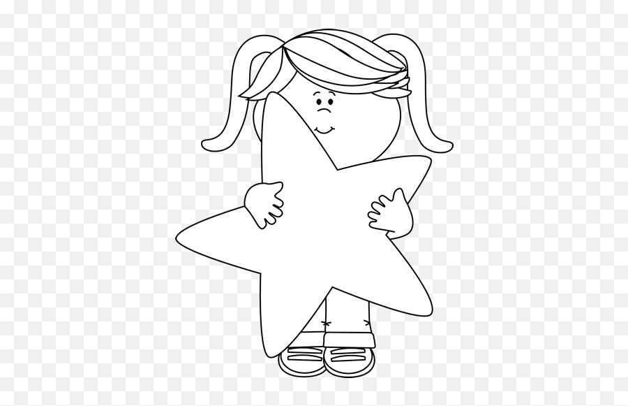 Black And White Little Girl Holding A - Black And White Clipart Child With Star Emoji,Star Clipart Black And White