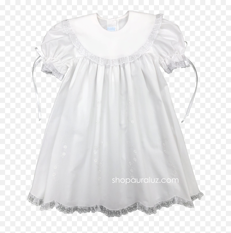 Auraluz Dresswhite With White Laceribbon Round Collar And Embroide Emoji,White Lace Png