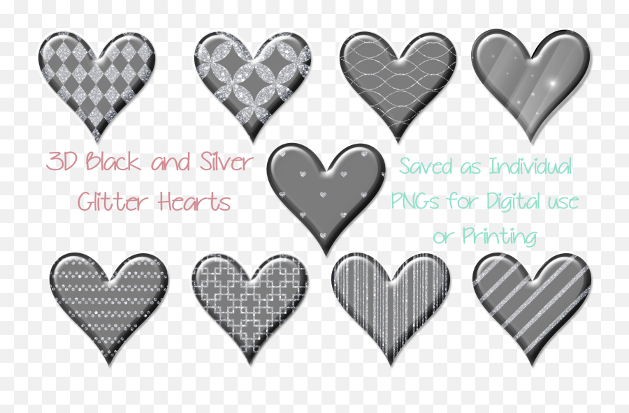 Black And Silver Glitter Heart Stickers - Girly Emoji,Silver Glitter Png