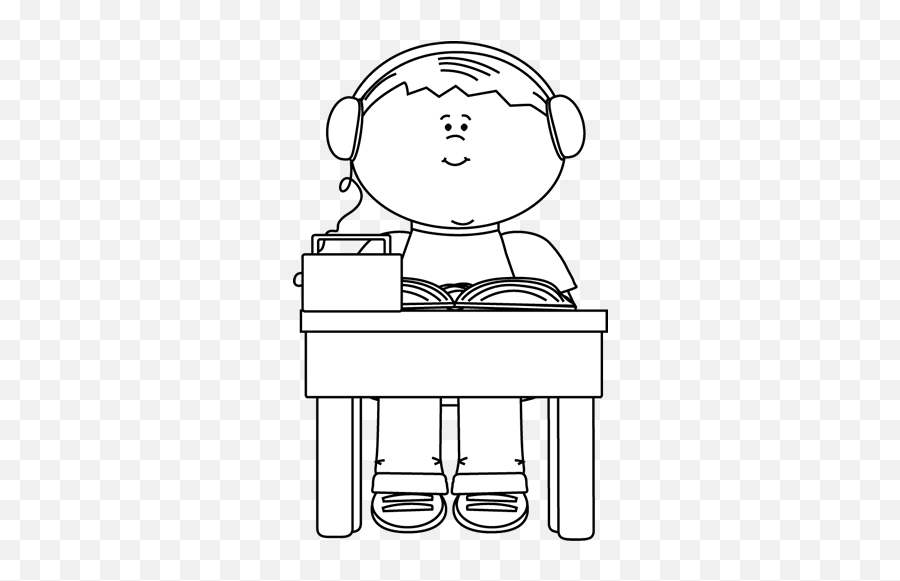 Black And White Boy Reading And Listening To A Book Clip Art - Listening To Reading Clipart Black And White Emoji,Listen Clipart