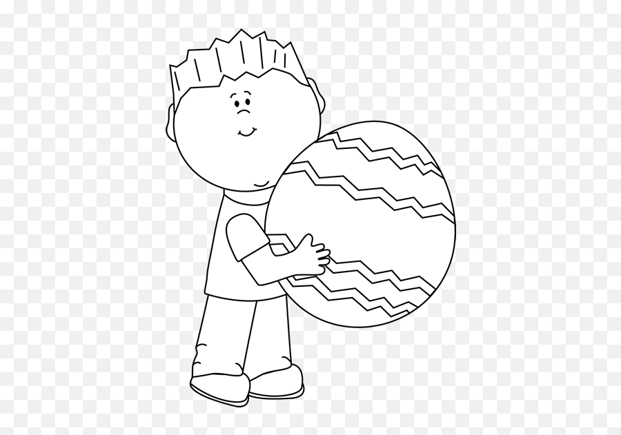 White Boy With A Big Easter Egg - Easter Children Clipart Black And White Emoji,Easter Clipart Black And White