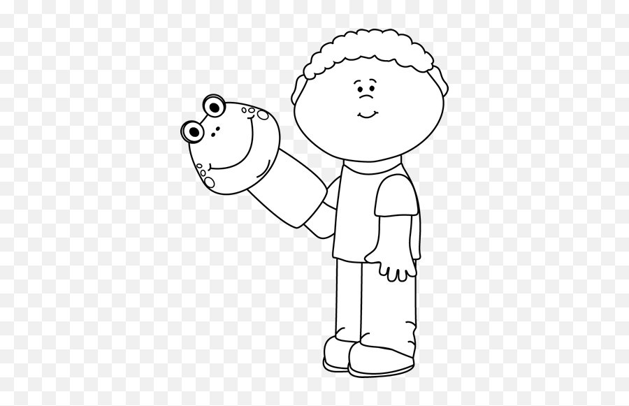Black And White Little Boy With A Puppet Clip Art - Black Hand Puppet Puppet Clipart Black And White Emoji,Black And White Clipart