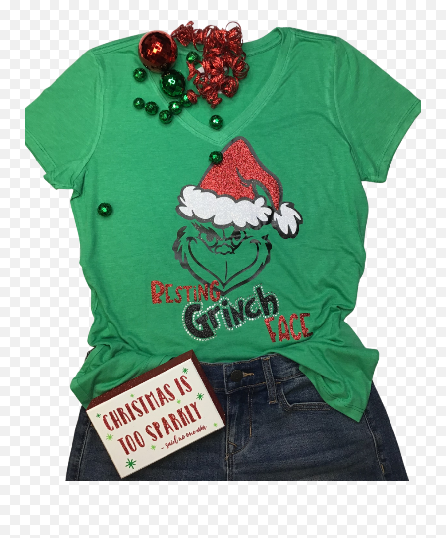 Resting Grinch Face Rhinestone And Glitter Tee Thv075nc - Short Sleeve Emoji,Grinch Face Png