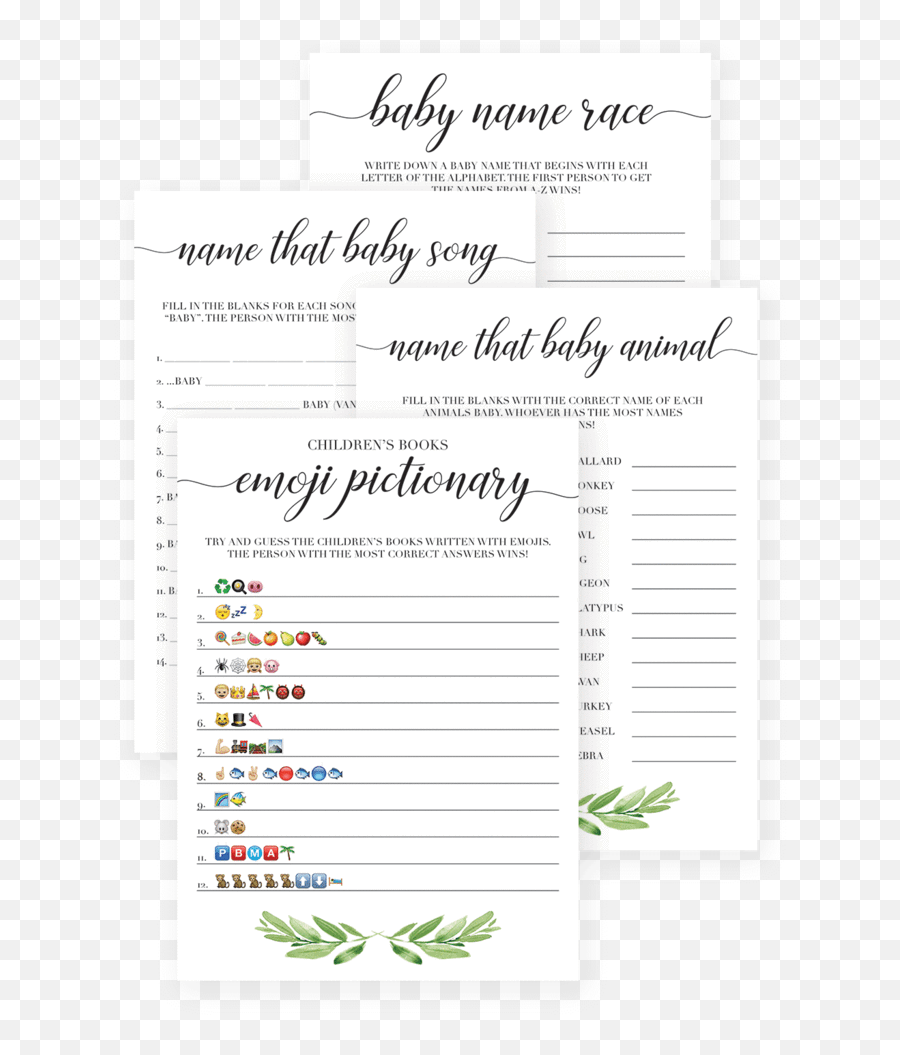 Watercolor Leaves Baby Shower Game Bundle By Littlesizzle Emoji,Books Emoji Png