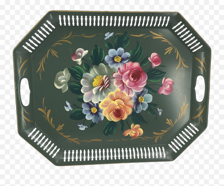 Vintage Tole Ware Green Hand Painted Flowers Pierced Lattice Edge Tray Emoji,Painted Flowers Png