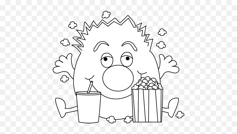 Black And White Monster And Popcorn Clip Art - Black And Cute Monsters Eating Drawing Emoji,Monster Outline Clipart