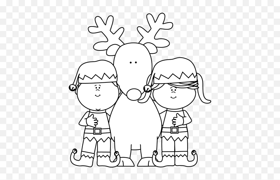 White Elves With A Reindeer Clip Art - Christmas Elves Clipart Black And White Emoji,Elves Clipart