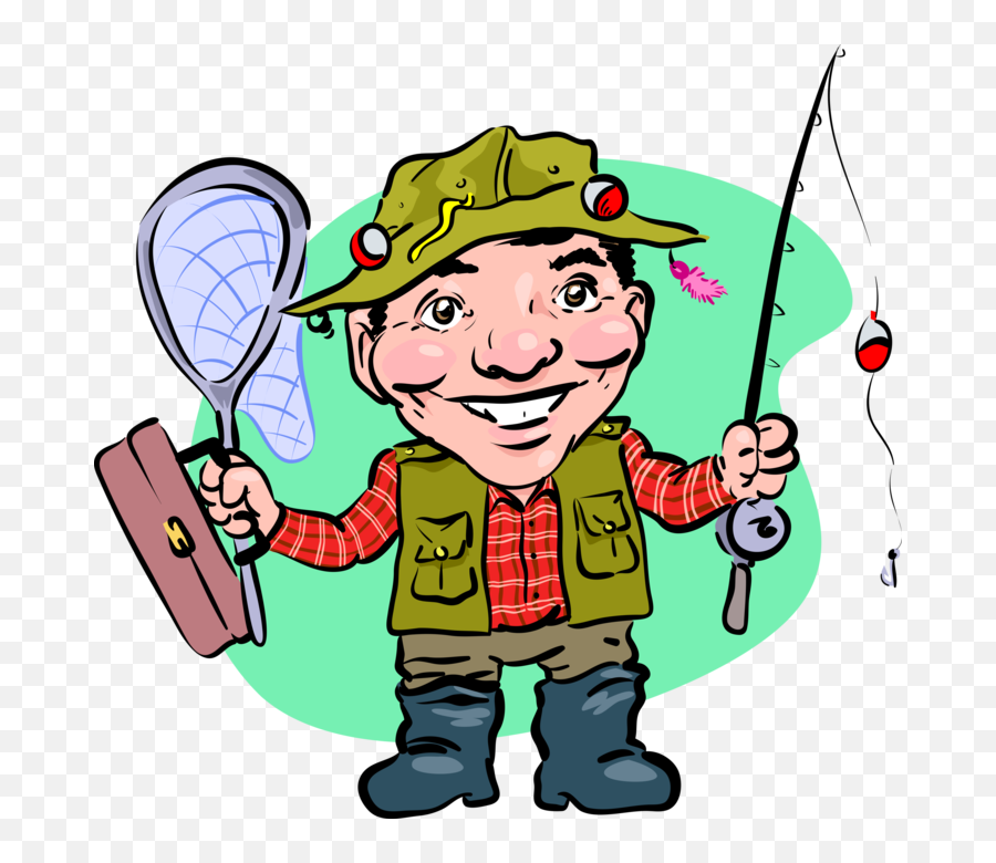 Fisherman With Pole Net And Tackle Box Royalty Free Vector - Angling Emoji,Fisherman Clipart