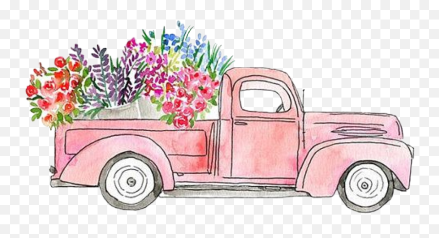 Watercolor Truck Flowers Ford Sticker - Truck With Flowers Drawing Emoji,Vintage Truck Clipart
