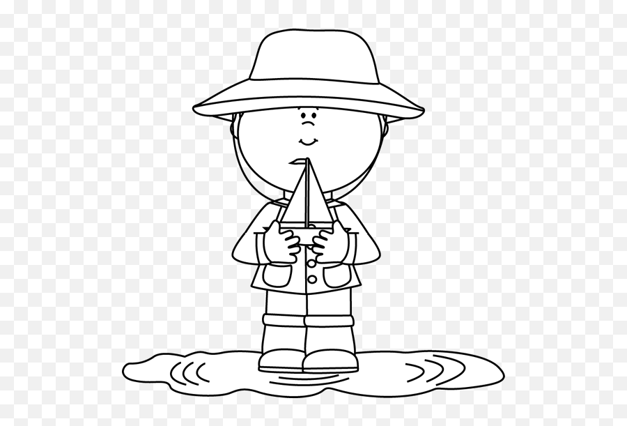 Rain Puddle With Toy Boat Clip Art - Boy In Raincoa Clipart Black And White Emoji,Boat Clipart Black And White