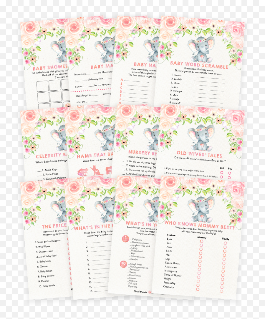 Floral Games Elephant Baby Shower Games Baby Bingo Pink Emoji,Pink Pacifier Clipart