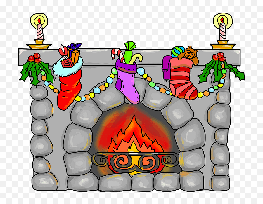 Fireplace With Stockings Hung And Christmas Decorations - Stocking Over Fireplace Png Cartoon Emoji,Christmas Stockings Clipart