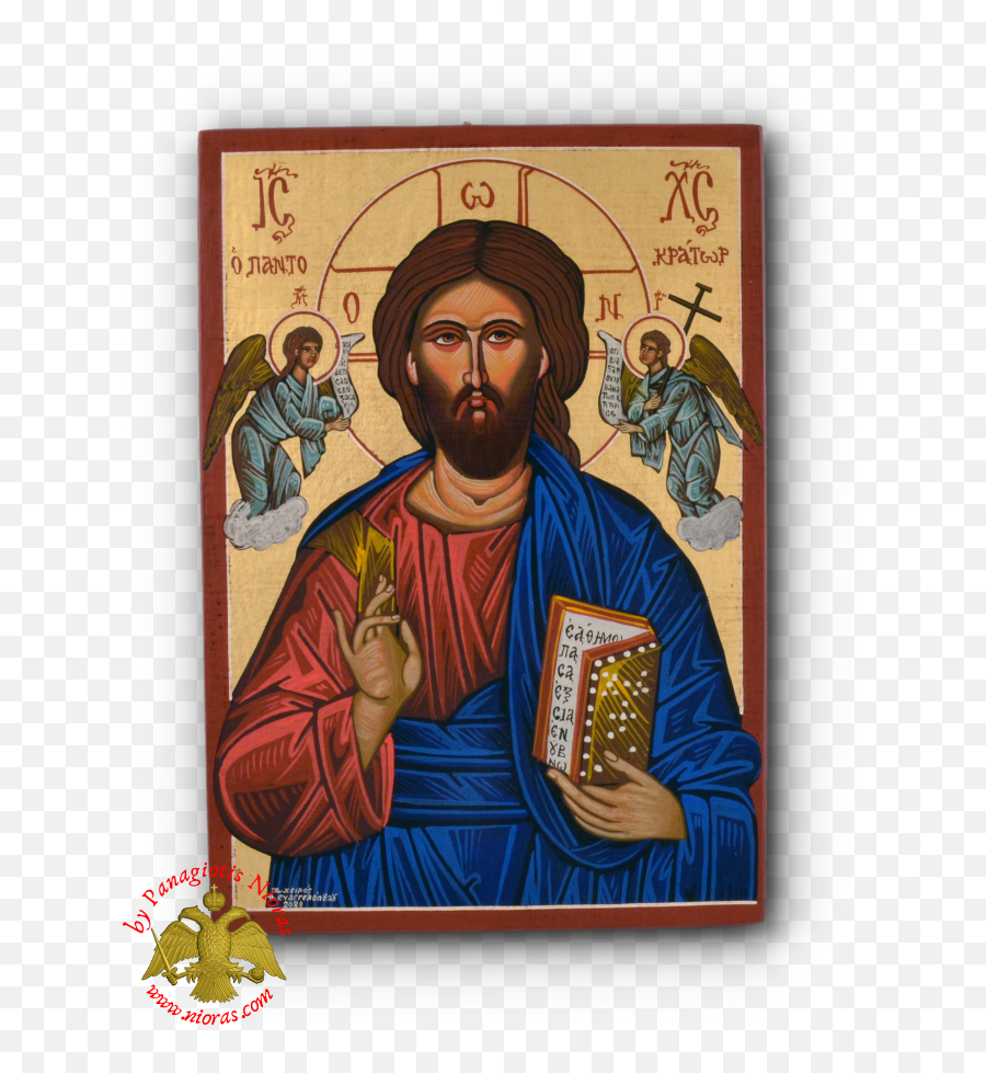 Hagiography Icon Jesus Christ With Angels On Natural Wood Emoji,Jesus Hands Png