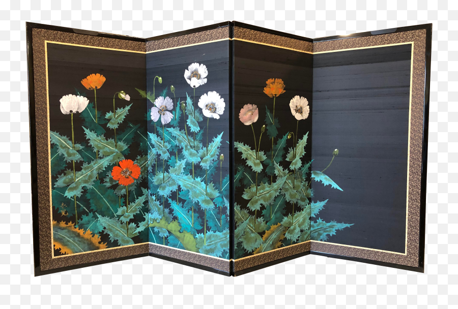 Japanese Four Panel Screen With Painted Flowers On Silk Emoji,Painted Flowers Png