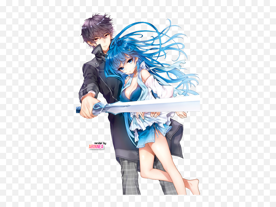 Anime Couple Tough Anime Love Anime Guy With Sword - Black Haired Anime Boy And Blue Haired Anime Girl Emoji,Anime Guy Png