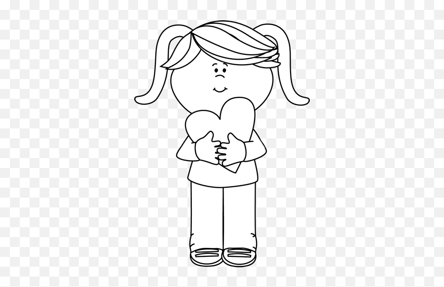 White Girl With Valentine Heart - Kid With Heart Clipart Black And White Emoji,Heart Clipart Black And White