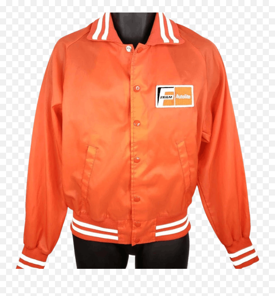 Menu0027s 80u2019s Fram Autolite Orange Satin Bomber Jacket By Admiral Sporstwear Emoji,Autolite Logo