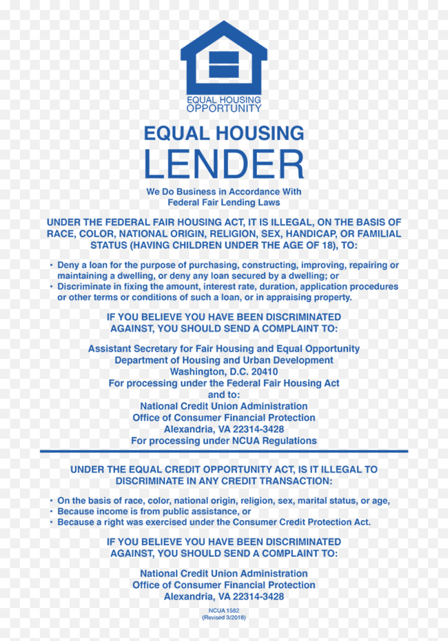Equal Housing Lender - Equal Housing Lender Poster Pdf Ncua Emoji,Housing And Urban Development Logo