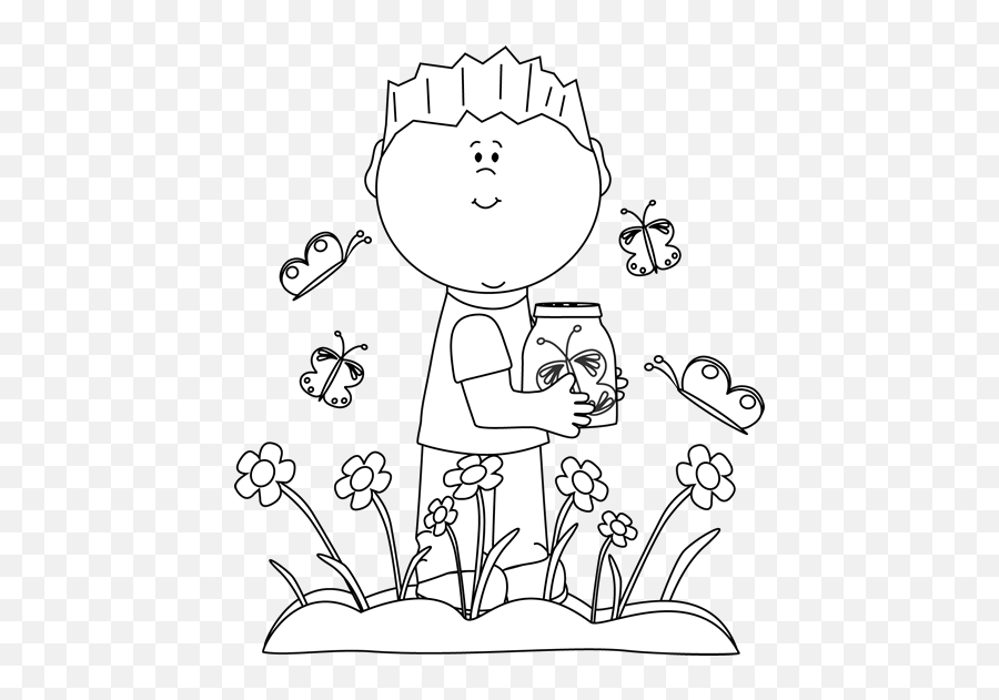 White Boy In A Butterfly Patch Clip Art - Spring Kids Clipart Black And White Emoji,Butterfly Clipart Black And White