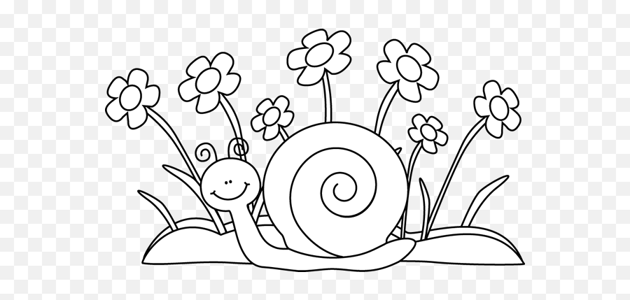 White Snail And Flowers Clip Art - Flower Cartoon Clipart Black And White Emoji,Flower Clipart Black And White