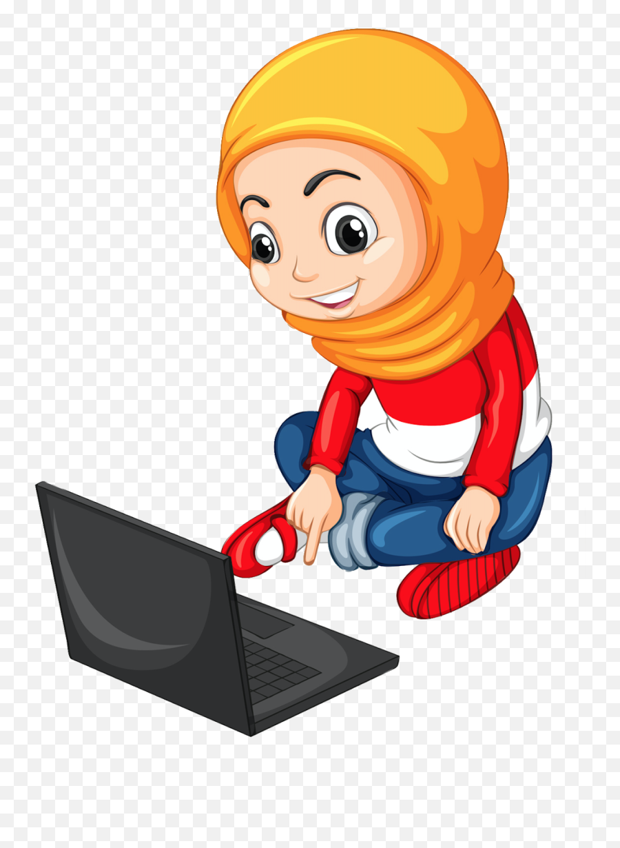 Muslim Girl In Different Actions - Children Using Computer Emoji,Person On Computer Clipart