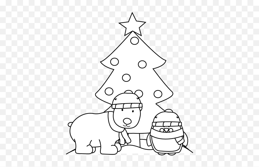 Black And White Polar Bear Penguin And Christmas Tree Clip - Polar Bear Christmas Black And White Emoji,Polar Bear Clipart