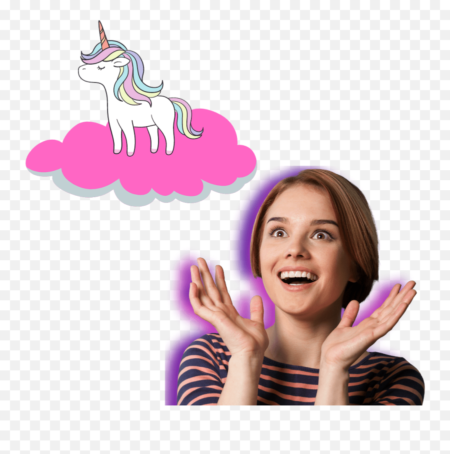 Happy Woman Surprised By A Unicorn On A Pink Fluffy Cloud Emoji,Surprised Png