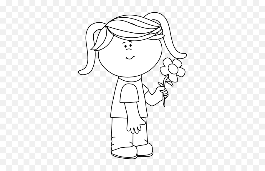 Black And White Girl Holding A Flower - Clipart Black And White Emoji,Flower Clipart Black And White