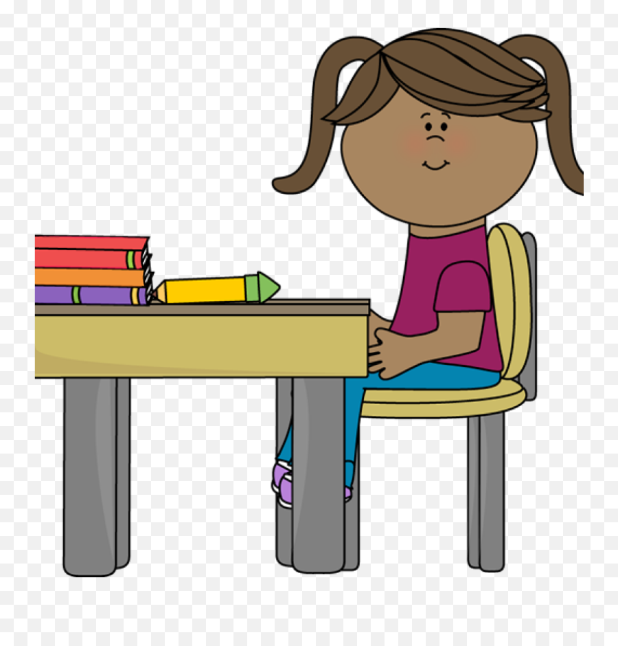 Download Hd Student Working At Desk - Girl Sitting At Desk Clipart Emoji,Desk Clipart