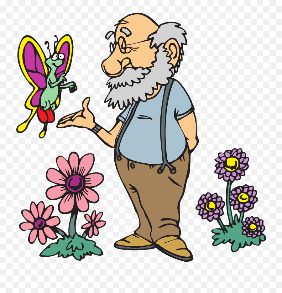 Old Man In Hi Garden Clipart - Old Man With Butterfly Emoji,Garden Clipart