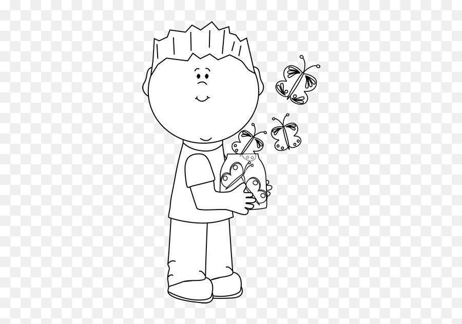 Black And White Boy Releasing Butterflies Clip Art - Black Fictional Character Emoji,Butterfly Clipart Black And White
