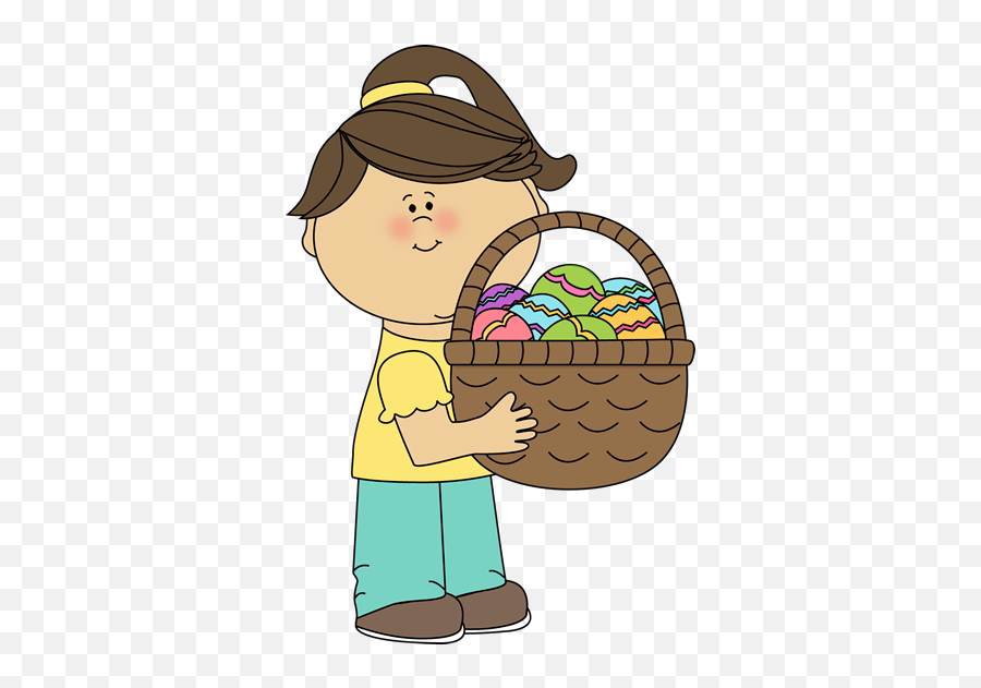 Girl Holding A Big Easter Basket Clip - Girl Holding Eggs Clipart Emoji,Easter Basket Clipart