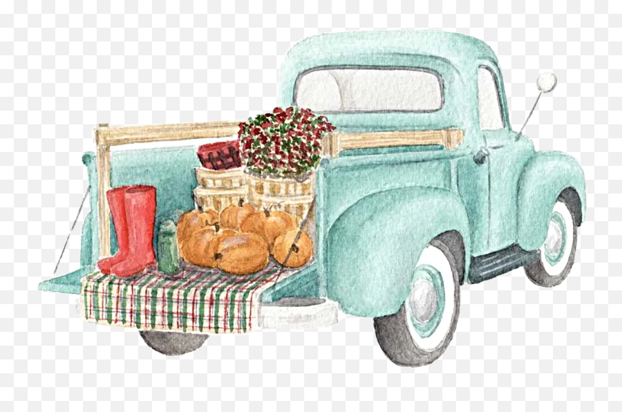 Handdrawn Truck Vintage Classic Sticker By Stephanie - Watercolor Truck With Pumpkins Emoji,Vintage Truck Clipart