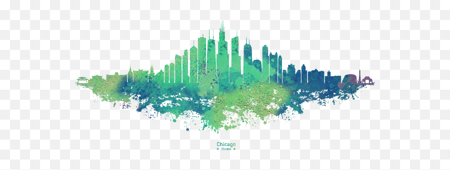 Chicago City Skyline - Mint Green Watercolor On White Emoji,City Skyline Transparent