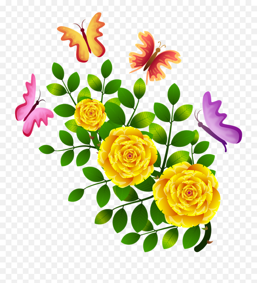 Roses Butterflies Flowers Floral Png - Clipart Flower Design With Butterfly Emoji,Floral Png