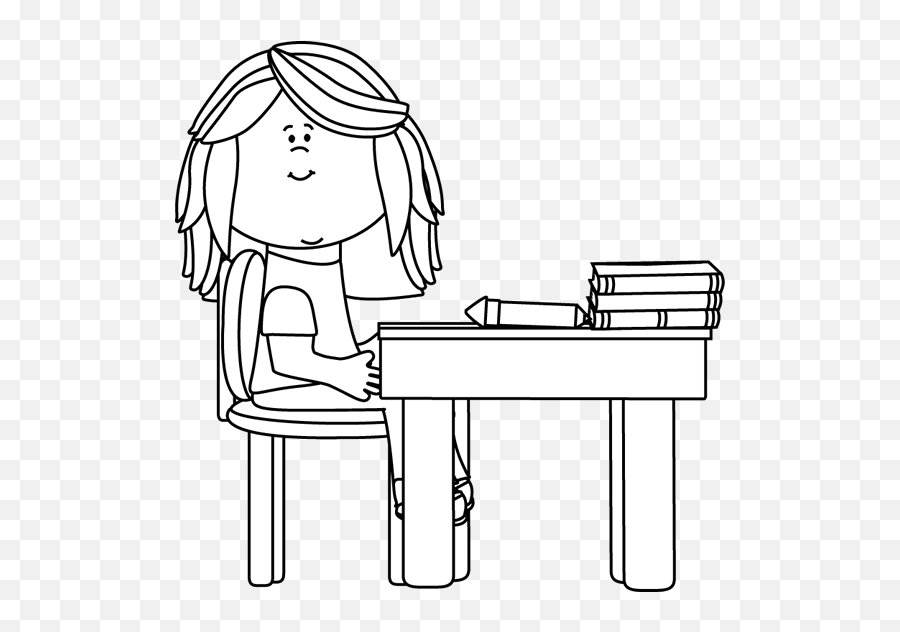 Clipart Black And White - Girl At School Clip Art Black And White Emoji,Desk Clipart