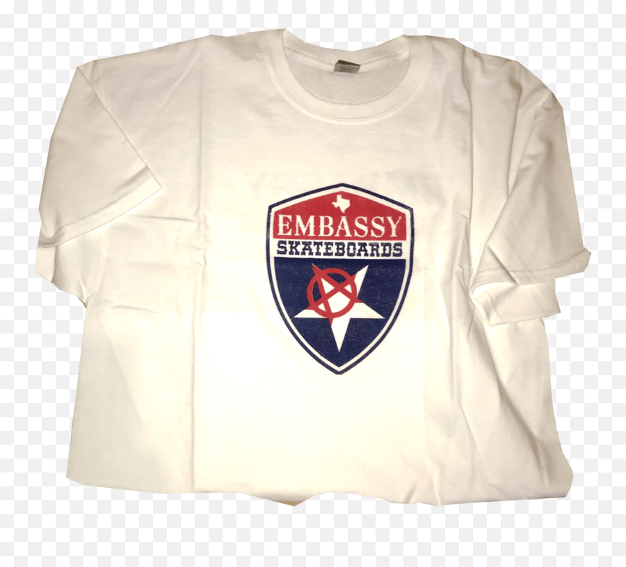 Embassy Shield Logo White T - Shirt Short Sleeve Emoji,Skateboarding Company Logo