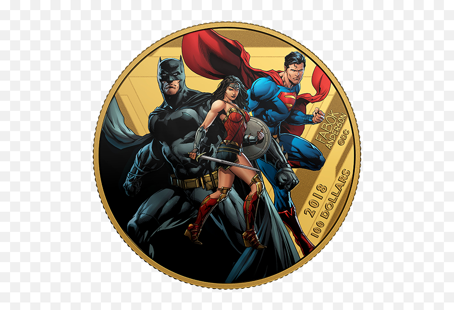 United We Stand - Batman Superman Wonder Woman The Justice League 2018 100 14karat Gold Coin Canadian Mint Justice League Coins Emoji,Batman Superman Logo
