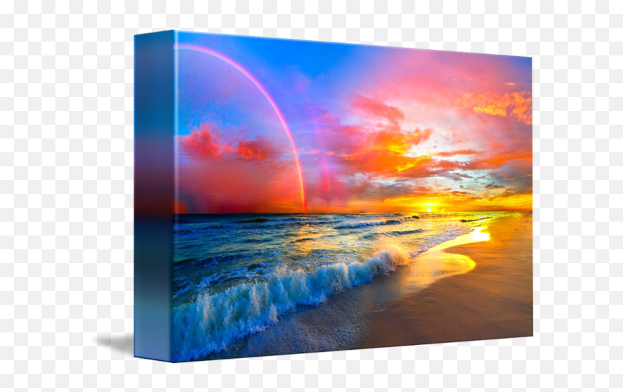 Pink Sunset Beach With Rainbow And Ocean Waves By Eszra Tanner Emoji,Ocean Waves Transparent