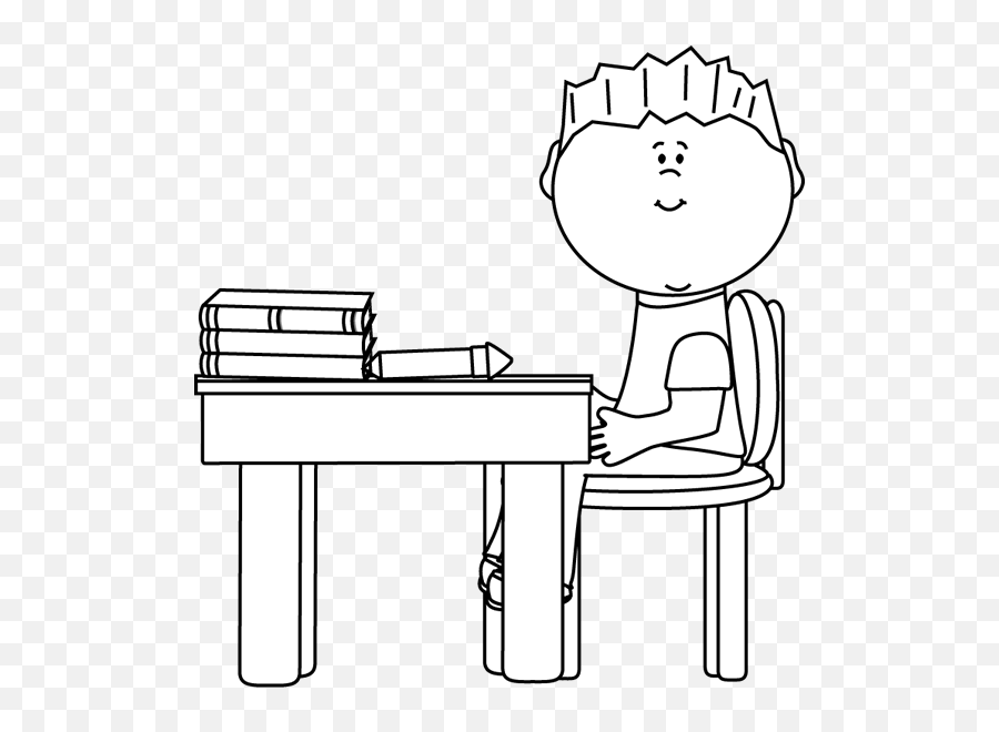 Black And White Little Boy At School Desk - School Clipart Writing Desk Emoji,School Clipart