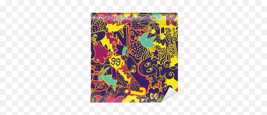 Colorful Seamless Pattern Graffiti Doodles Street Art Illustration In Yellow Purple Composition Bizarre Elements And Characters For Skate Board - Graffiti Purple And Yemlow Emoji,Skate Logo Wallpapers