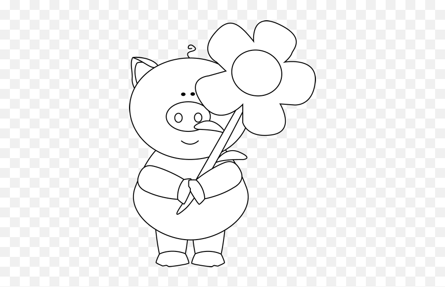 Black And White Pig Holding A Flower Clip Art - Black And Big Flower In Black And White Emoji,Flower Clipart Black And White