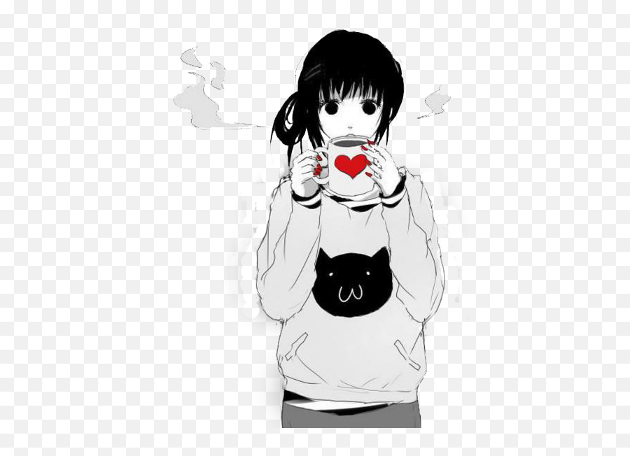 Download Hd Cool Anime Png - Anime Girl Drinking Coffee Fanart Girl With Cat Emoji,Anime Girl Transparent Background