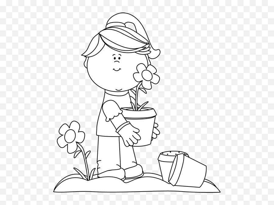 Library Of Flower Girl Clipart Transparent Stock Black And - Planting Flowers Clipart Black And White Emoji,Flower Clipart Black And White
