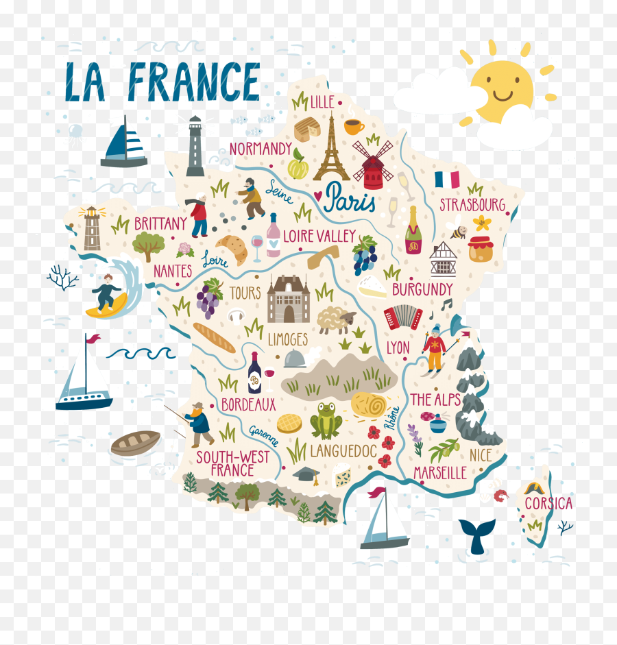 Map Of France With Illustrations Transparent Cartoon - Jingfm French Culture Emoji,France Clipart