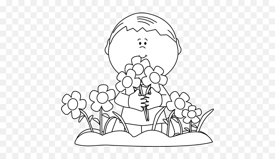 Black And White Boy Picking Valentineu0027s Day Flowers Clip Art - These Are Flowers Clipart Black And White Emoji,Flower Clipart Black And White