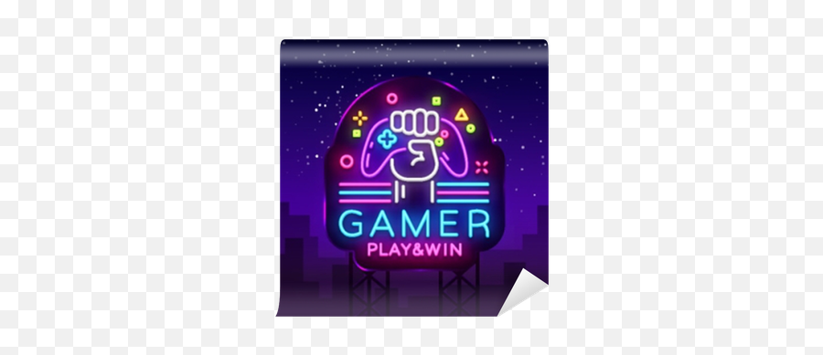 Gamer Play Win Logo Neon Sign Vector Logo Design Template Game Night Logo In Neon Style Gamepad In Hand Modern Trend Design Light Banner Bright Emoji,Billboard Logo