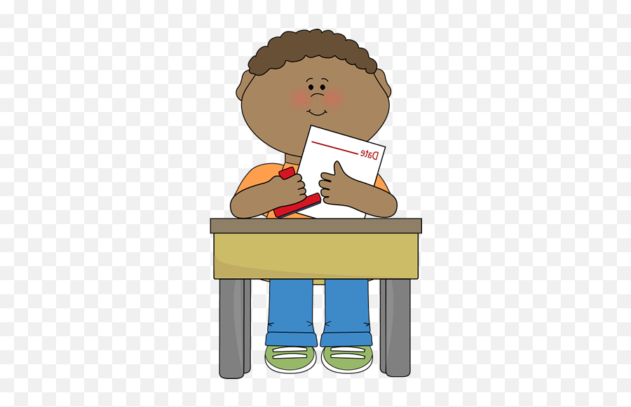 Date Stamper Classroom Job Clip Art - Boy Sitting In Desk Student Working Clipart Emoji,Desk Clipart