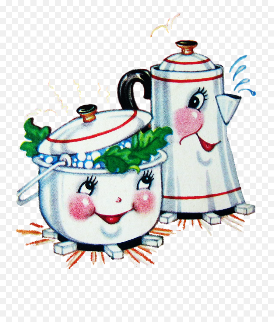 Anthropomorphic Kitchen Coffee Pot And Cooking Pot - Vintage Emoji,Cooking Pot Clipart