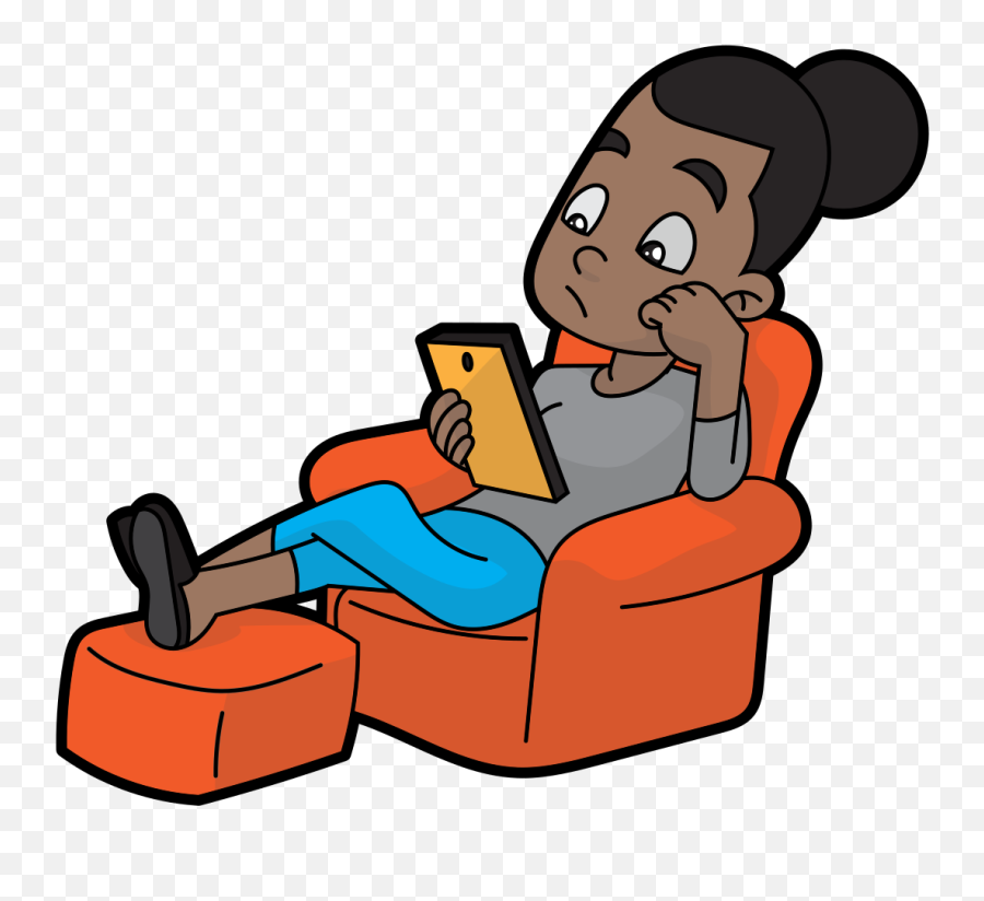 Cartoon Black Woman Using Her Mobile Tablet - Sitting Woman On Mobile Cartoon Emoji,Tablet Clipart